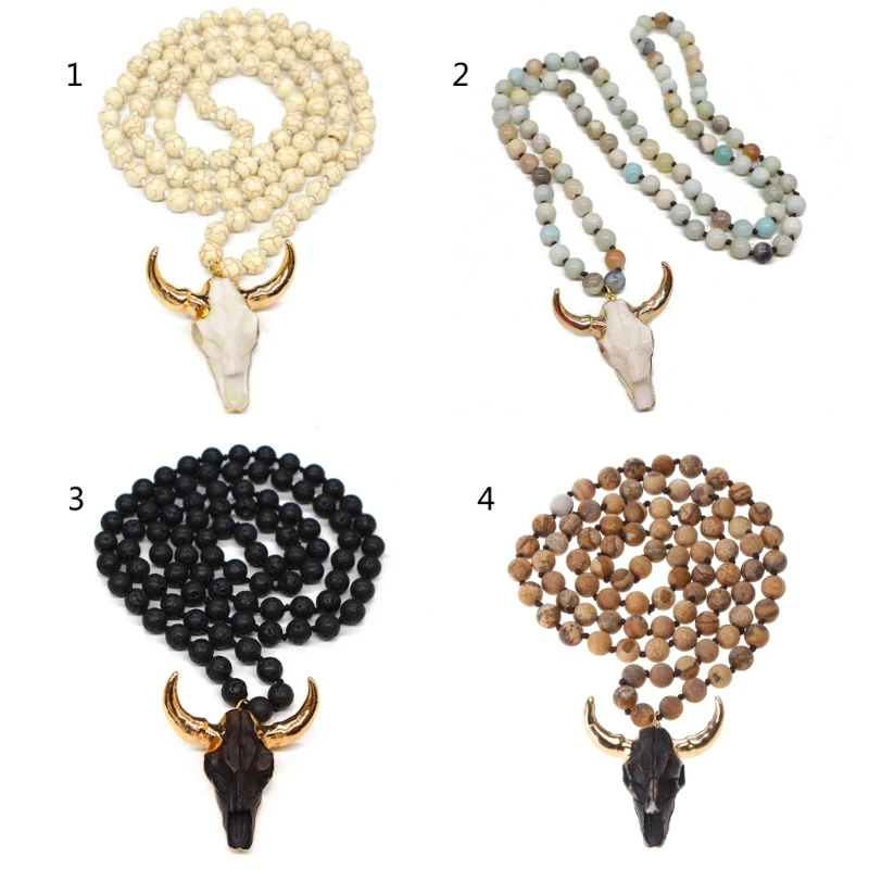 Unique Ethnic Necklace Long Knotted Stone Beads Ox Horn Pendant Necklaces Women Fashion Jewelry Ethnic Neck Chain