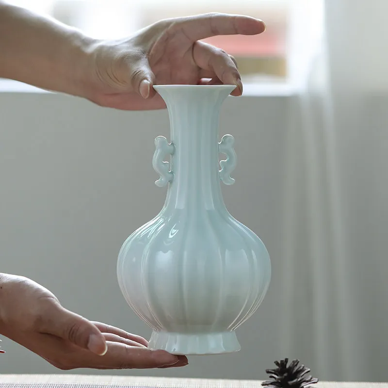 Jingdezhen Vintage Antique Song Dynasty Hutian Kiln Shadow Blue Glaze Melon-shaped Double-handled Vase Chinese-style Flower Vase