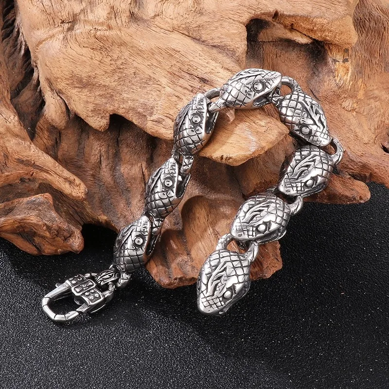 Hip Hop Stainless Steel Snake Head Men\'s Bracelet for Men Gold Color Personalized Animal Charm Bracelet Fashion Party Jewelry