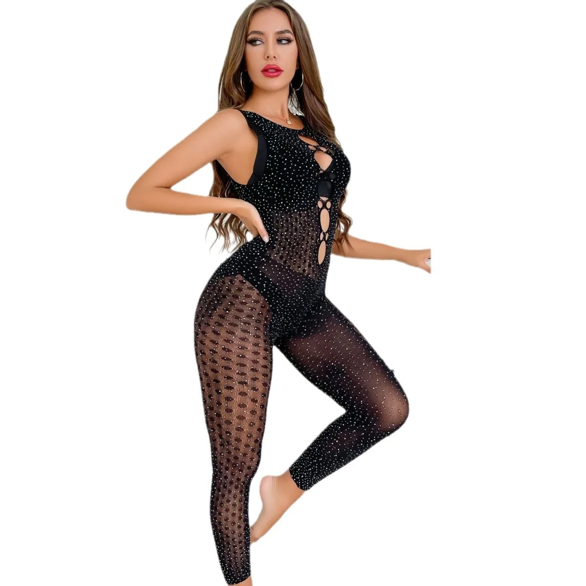 Sleeveless Rhinestone Sexy Bodystocking Erotic Lingerie Rave Underwear Rave Exotic Pole Dancewear Nightclub Gogo Dancer Wear