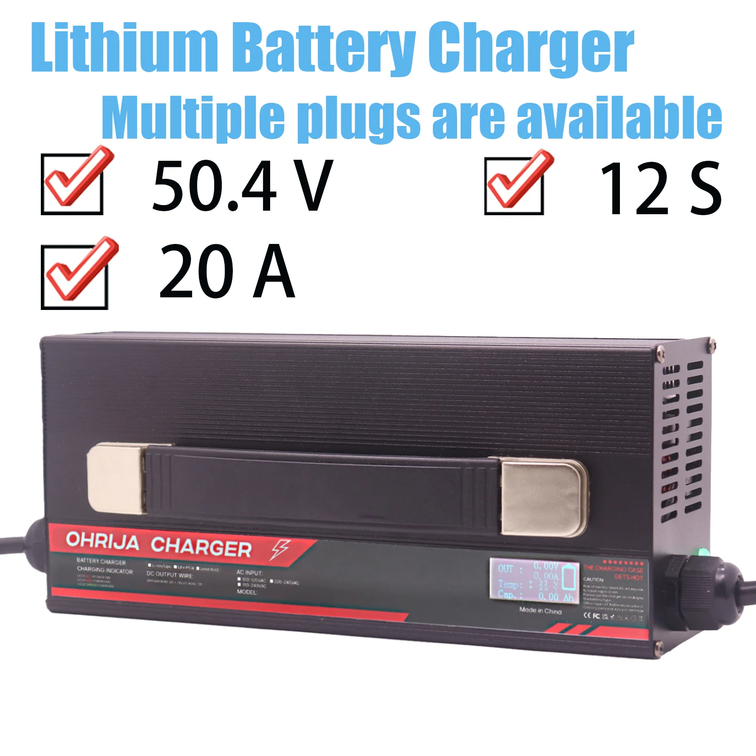 

OHRIJA 50,4 В 20 А, высокая мощность, алюминиевый корпус, ЖК-зарядное устройство для литиевой батареи, подходит для аккумулятора 12S 48 В, быстрая зарядка, рассеивание тепла