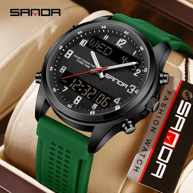 SANDA جديد 9119 العرض المزدوج ساعة إلكترونية للرجال شريط السيليكون ساعة كوارتز ضوء الليل ساعة تنبيه 5ATM ساعة رجالي رياضية