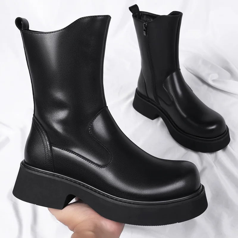 

mens fashion stage nightclub high chelsea boots black trendy original leather shoes cowboy platform boot cool motorcycle botas
