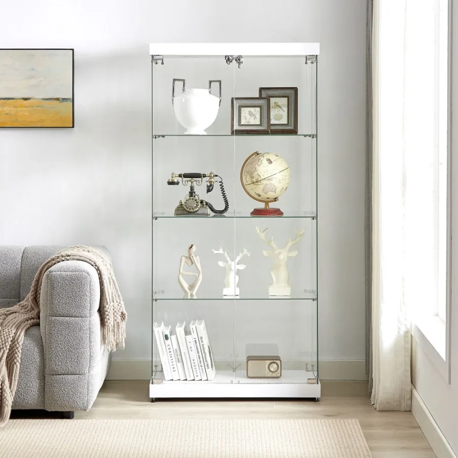 

4Tier Glass Display Cabinet Double Door Glass Cabinet Four Partitions Two Locks Floor Standing Storage Cabinet for Living Room
