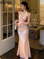 Ezgaga Elegant Dresses Women Ribbon Sleeveless Sexy Slim Satin Spring Backless Mermaid Dress Party Vintage Temperament Female