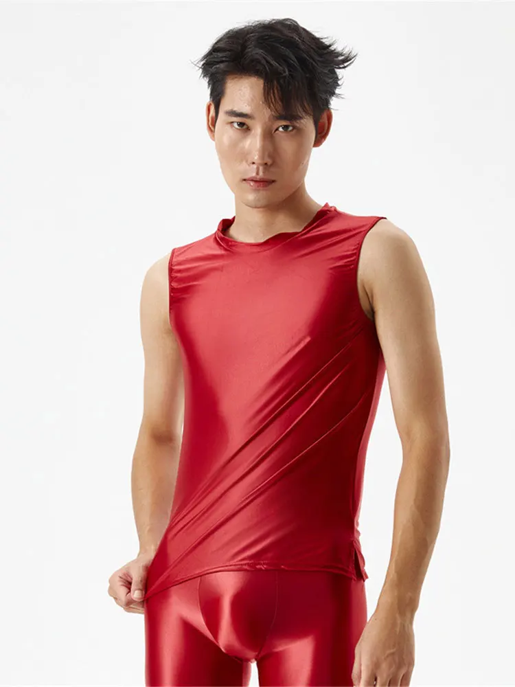 Sexy Men Candy Color Sport Yoga Outfits Sheer See Through Tank Top Satin Oil Shiny Tight High Elastic Fitness Running Vest