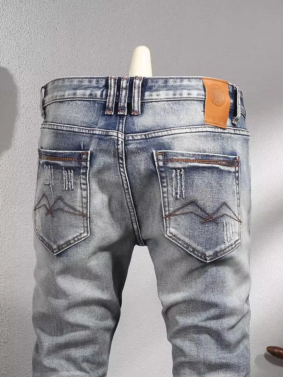 Vintage Fashion Men Jeans High Quality Retro Washed Blue Stretch Slim Fit Ripped Jeans Men Casual Designer Denim Pants Hombre