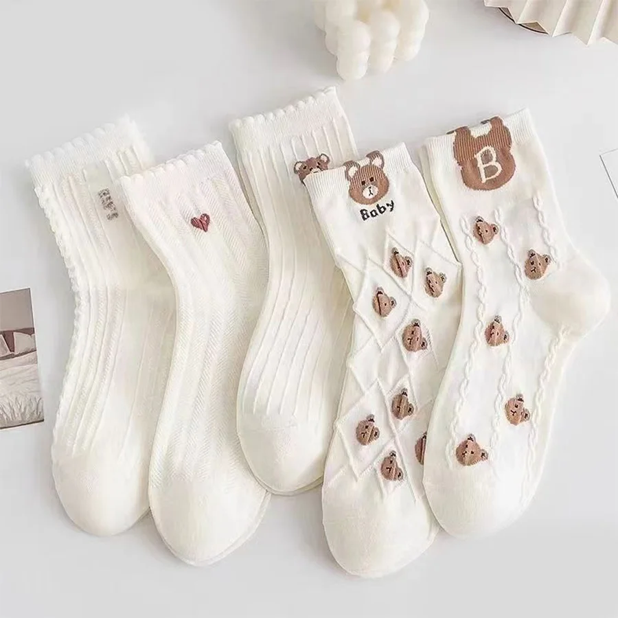 

5pcs Women Socks Cartoon Cute Long Tube Winter CartoonWhite Cute Long Socks Absorb Sweat And Prevent Odor Women's Socks