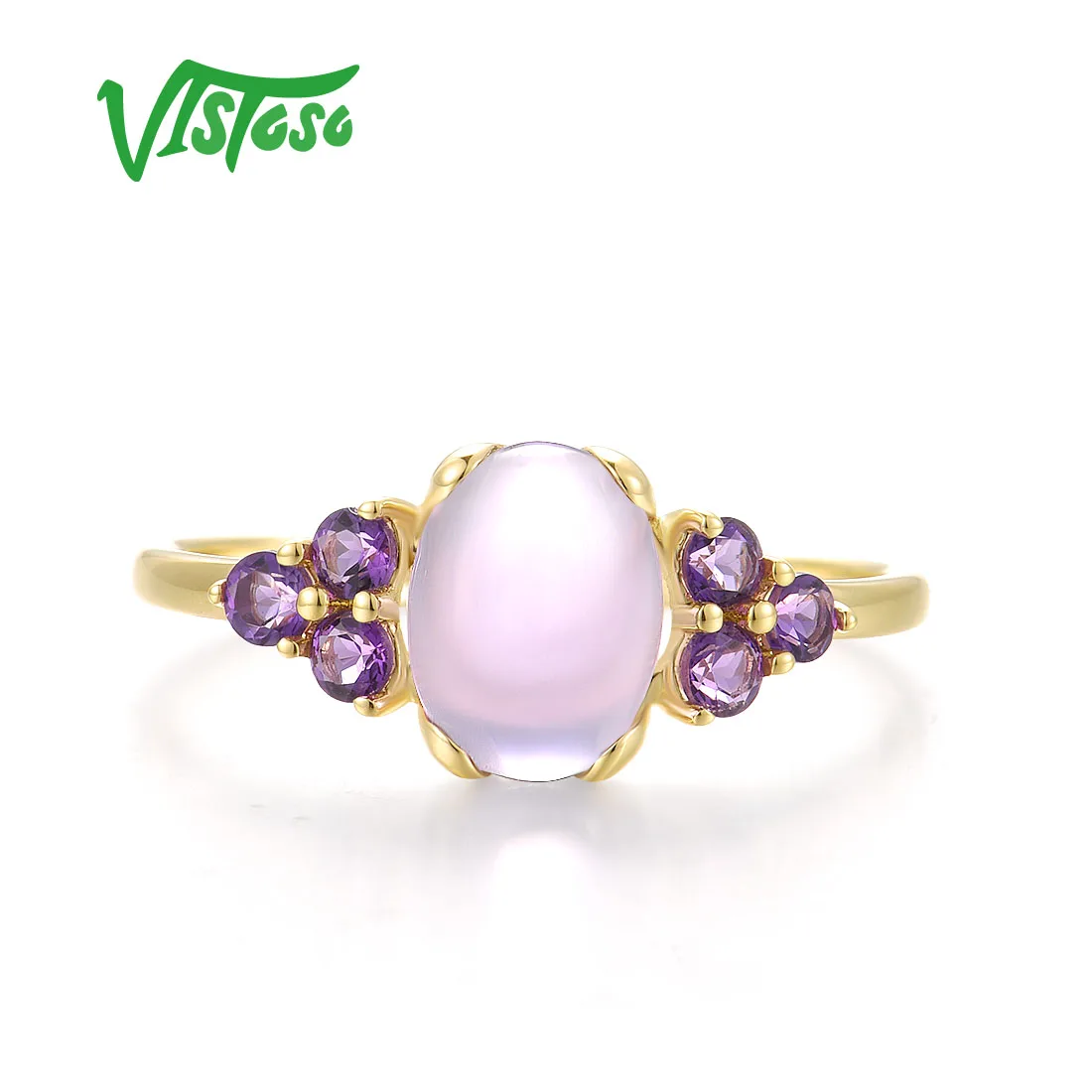 VISTOSO Authentic 14K 585 Yellow Gold Rings For Women Genuine Amethyst Solitaire Pink Engagement Wedding Delicate Fine Jewelry