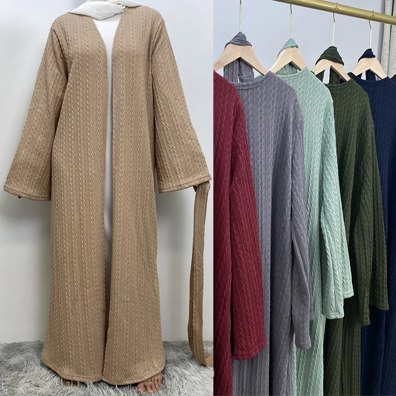 Open Muslim Abaya Knitted Elegant Loose Muslim Robe Pocket Cardigan Islamic Prayer Skirt Ramadan Islamic ClothingMU-955