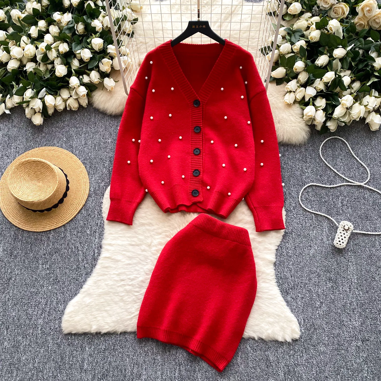 

Women Two Piece Sets Skirt Set V Neck Full Sleeve Knitted Tops Short Skirts A Line High Waist Y2k Streetwear Elegant Splice