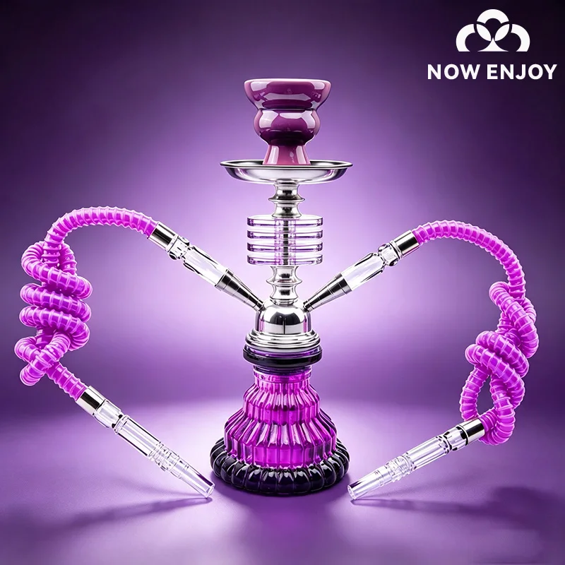 NOW ENJOY New Purple 4 Layers Hookah Set Glass Shisha Double Hose Pipe Ceramic Bowl Portable Purple Accessories 2 Hoses Pipe