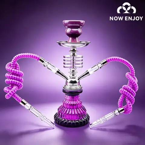 NOW ENJOY New Purple 4 layers Hookah Set Glass Shisha Double Hose Pipe Ceramic Bowl Portable Purple Accessories 2 Hoses Pipe