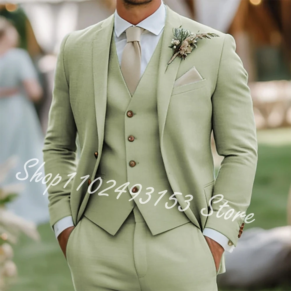 

Men's Wedding Linen Suits Sage Green Fashion Formal Groom Wedding Party Tuxedos 3 Piece Suits Blazer+Vest+Pants Costume Homme