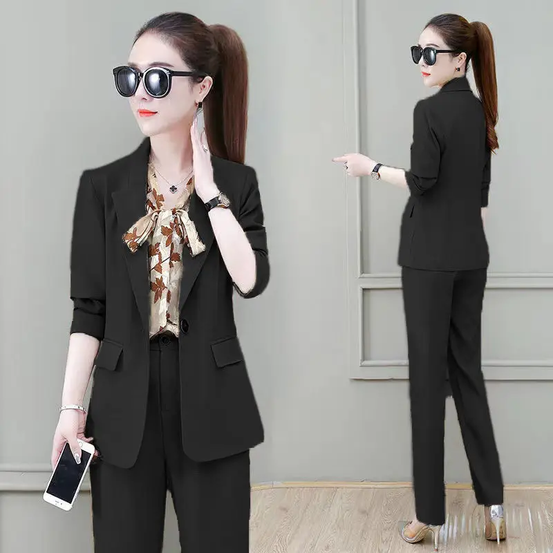 2023 summer new vintage print vest casual jacket blazer wide leg pants three-piece elegant women pants suit office outfit