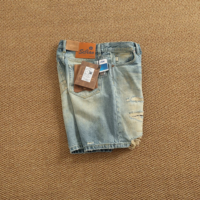 

Новинка 2025, мужские джинсовые орты в стиле ретро с дырками, качественные лоскутные свободные повседневные джинсы средней длины с пятью точками, молодежные прямые джинсы