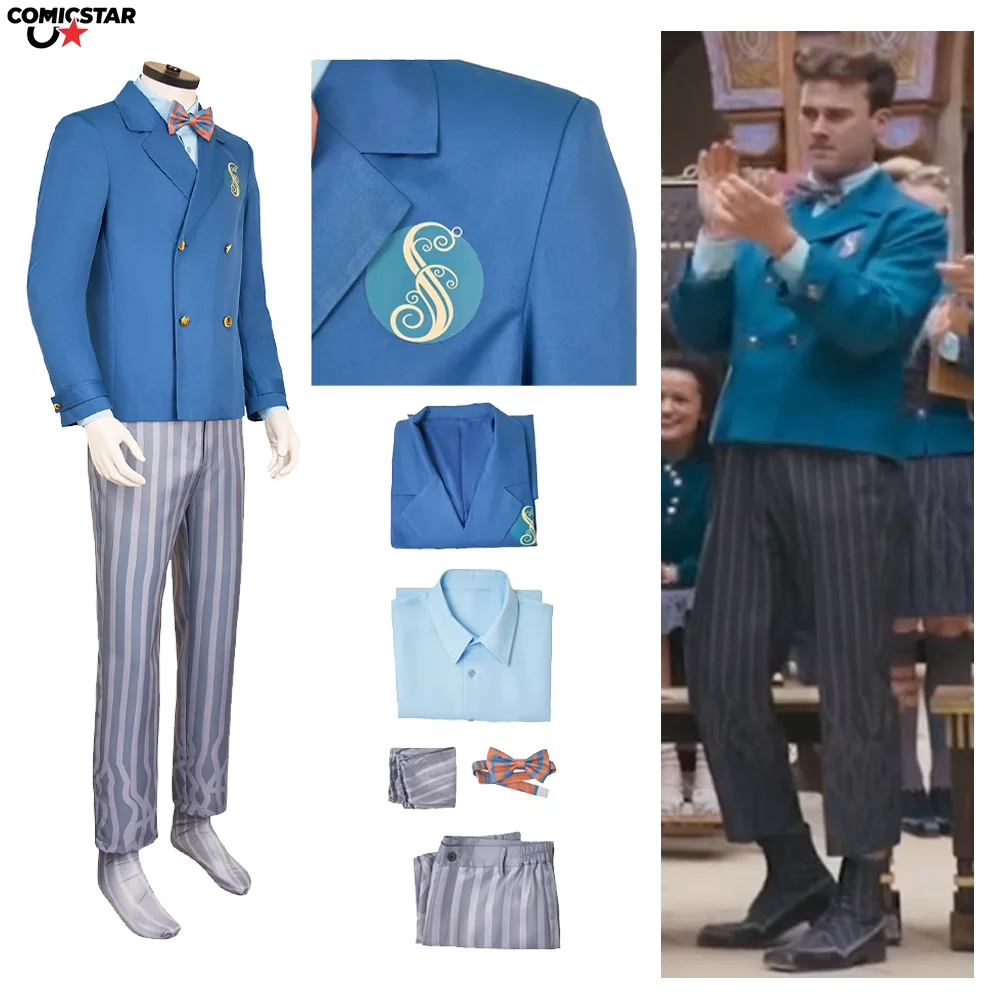 Disfraz de película malvada Fiyero Boq, uniforme escolar azul, disfraz de fantasía para hombre, calcetín con pajarita, traje de Carnaval de Halloween