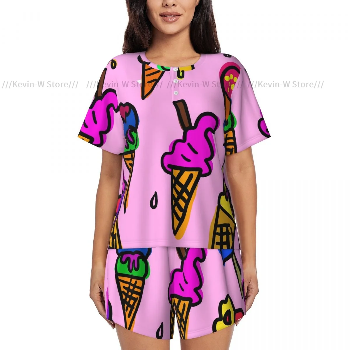 Women Pajamas Set Short Sleeve Cute Ice Cream Cat Panda Unicorn Sleepwear Loungewear for Summer Nightwear
