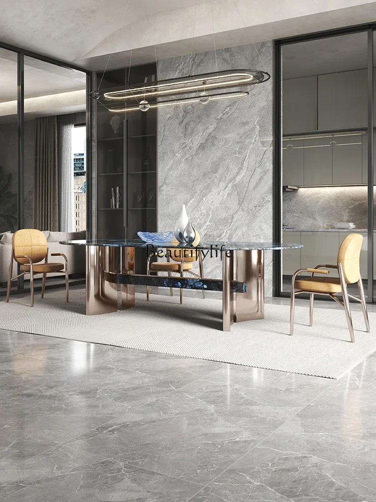 

yj5Natural Marble Dining-Table Rectangular Home Italian High-End Affordable Luxury Modern Luxury Stone Dining Table