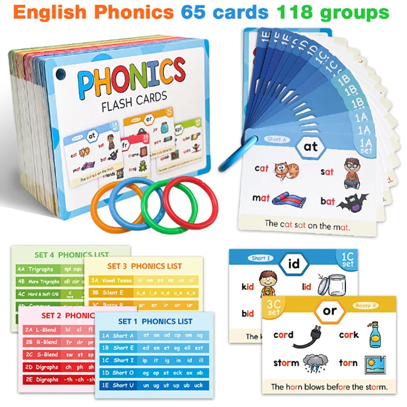 Kids Phonics Learning Flash Cads Educational Toys Teacher Teaching Aids Montessori English Words Training Vocabulary Building