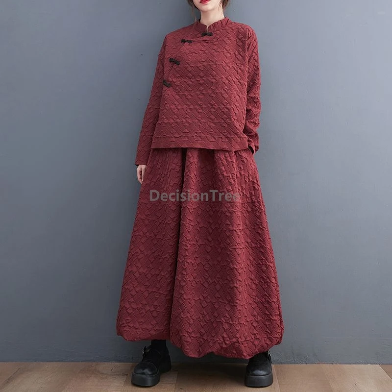 

Весенне-осенний женский костюм-двойка: элегантный комплект с юбкой и удлиненной курткой в китайском стиле, из хлопка, повседневная одежда