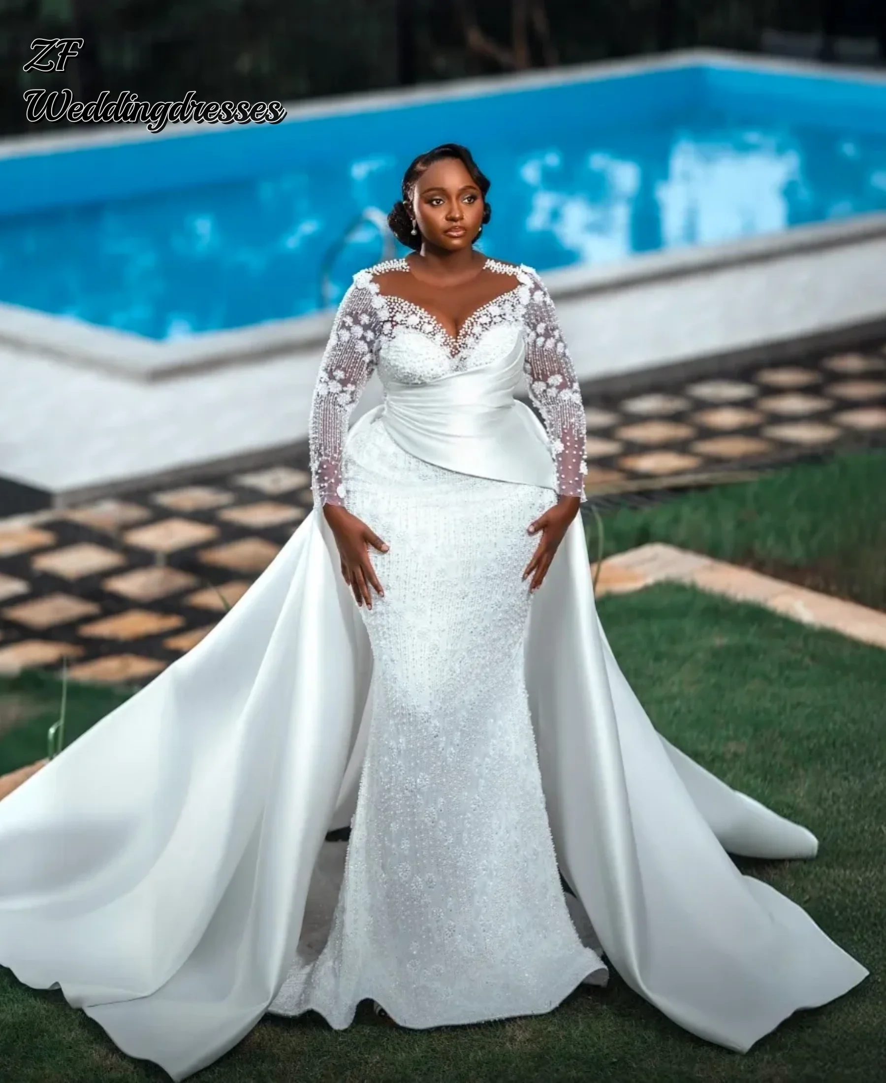 Customized Sparkly Pearls Beads Mermaid Wedding Dress Removable Skirt Robe Long Sleeve Bridal Gown Vestidos De Noiva