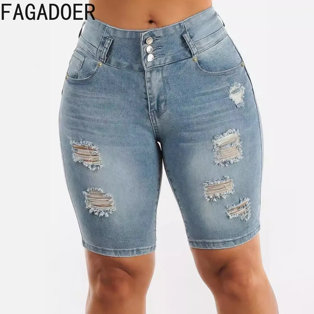 FAGADOER Fashion Hole Elasticity Denim Shorts Women High Waist Button Pocket Skinny Jean Shorts Summer New Female Cowboy Bottoms