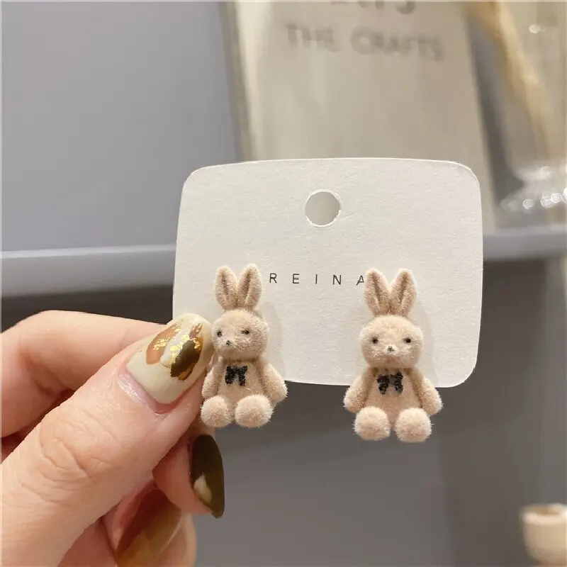 2PC Cute Flocking Plush Rabbit Bear Stud Earrings Kawaii Brown Khaki Animal Earrings For Women Girls Korean Earring Jewelry-S041