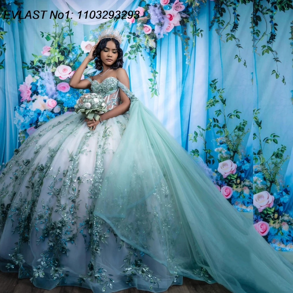 

EVLAST Customized Sparkly Sage Ball Gown Quinceanera Dress Sequins Applique Beading Cape Sweet 16 Vestidos De 15 Anos E1QN191