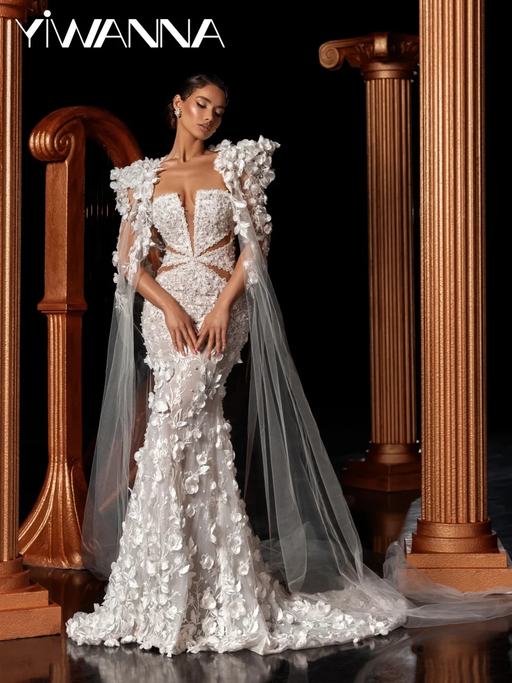 فستان زفاف مصنوع يدويًا ثلاثي الأبعاد مزين بالزهور مع أكمام كيب لؤلؤ رائع حورية البحر فستان زفاف مخصص للعروس #1