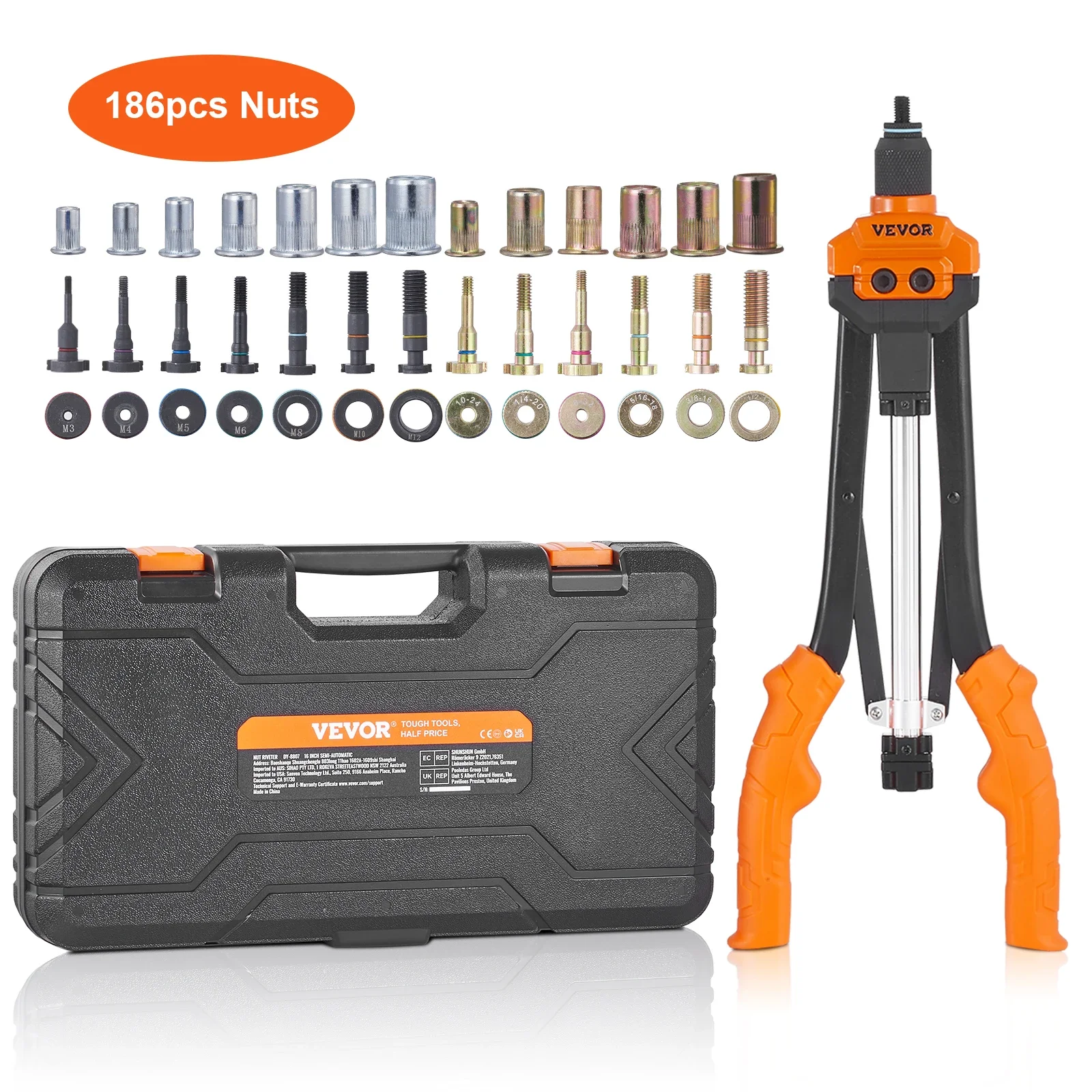 

VEVOR 14" 16" Rivet Nut Tool Rivnut Tool Kit with Metric and SAE Mandrels 70PCS/186PCS Rivet Nuts With Rugged Carrying Case