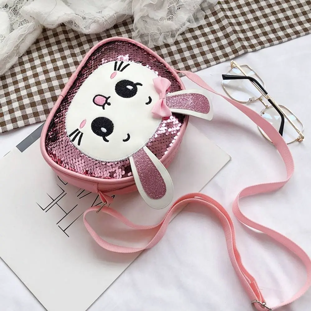 New Cartoon Cute Sequins Bunny Pu Leather Shoulder Bag Sweet Little Princess Shoulder Coin Purse Crossbody Bag