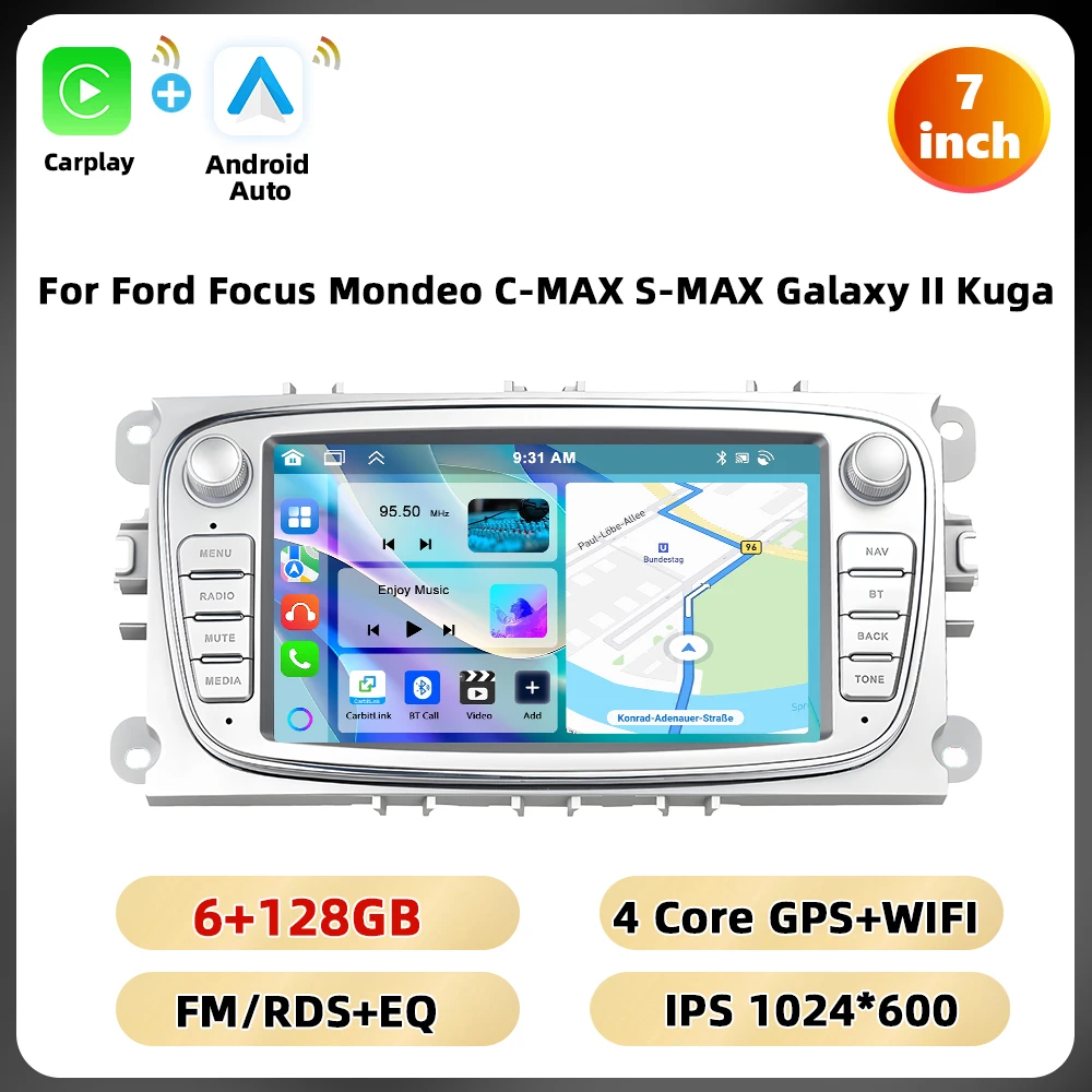 Podofo 7 ''Android Multimedia Speler Voor Ford Focus Mondeo C-MAX S-MAX Galaxy Ii Kuga Gps Navigatie 2 64G Carplay Android Auto - afbeelding 1