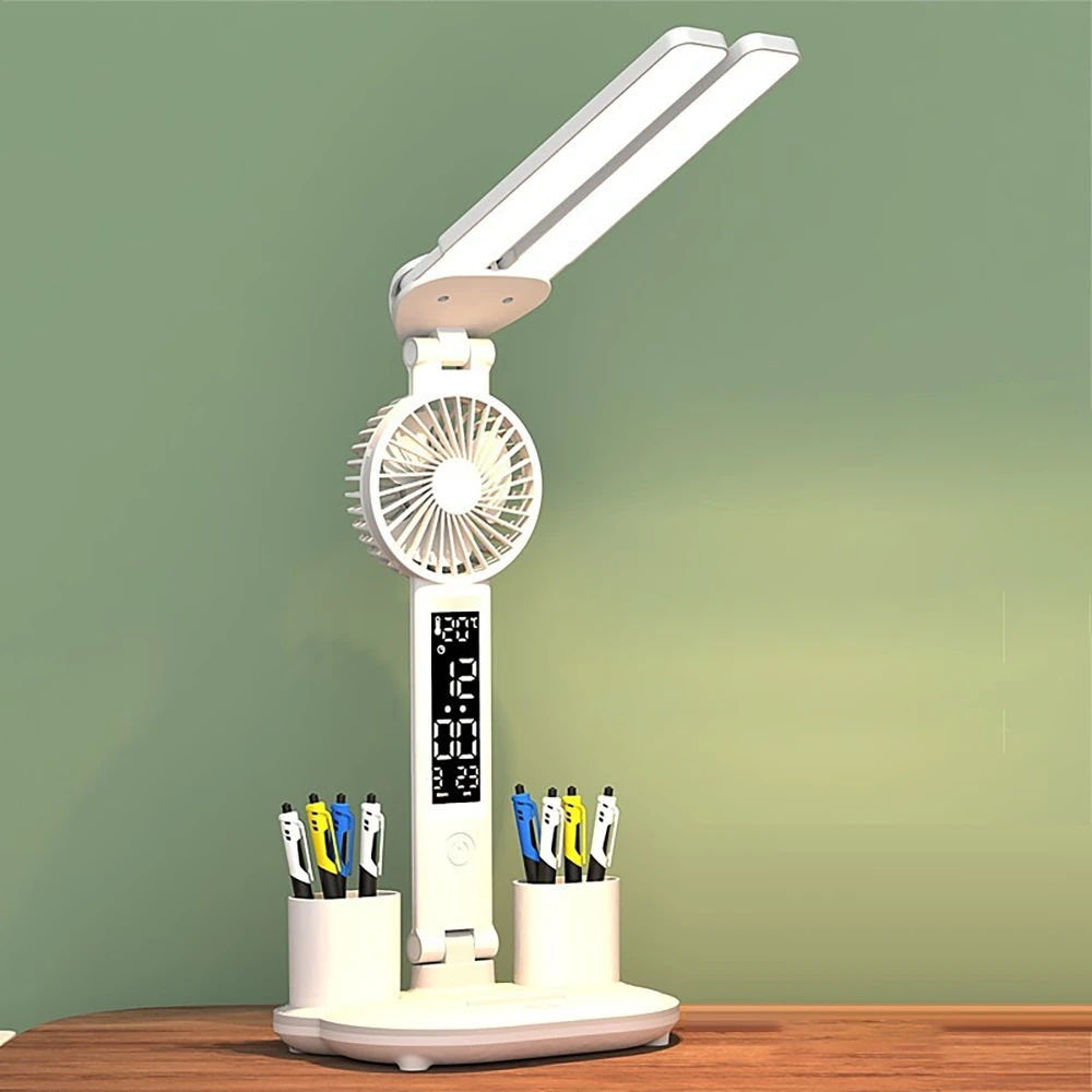 LED Desk Lamp with Fan, USB Rechargeable Dimmable Touch Foldable Table Lamp with Pen Holder Eye Protection Angle Adjustable