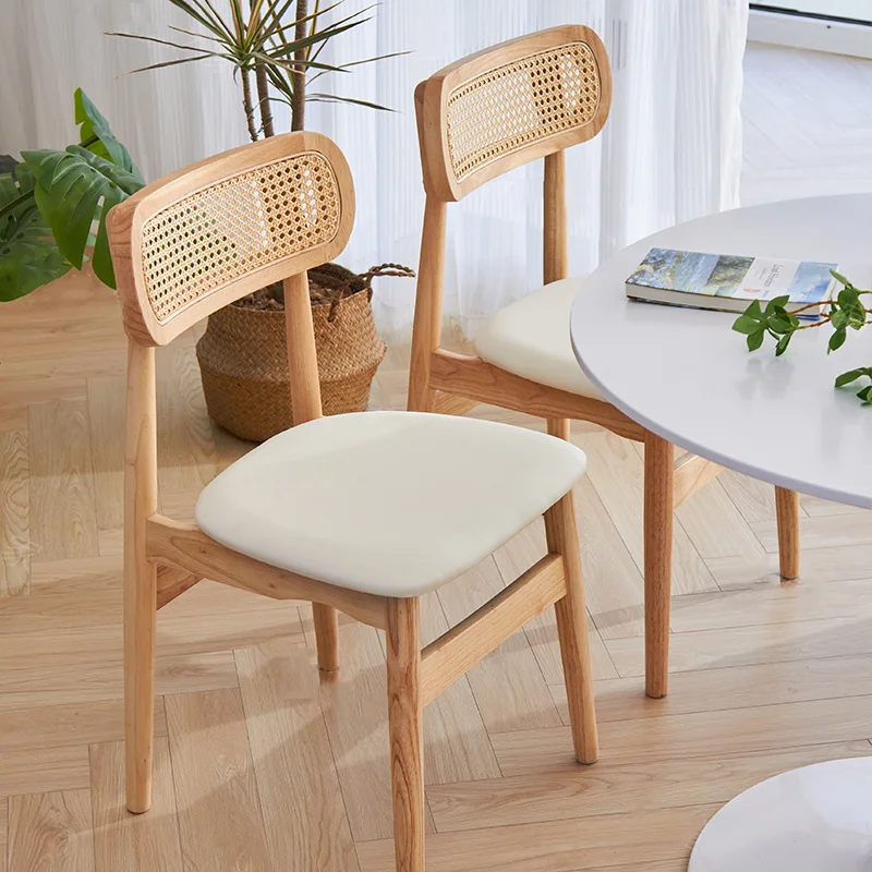  Simple Solid Wood Back Dining Chairs Natural Rattan Computer Seating Multi-Scene Living Room Furniture Aesthetic Versatile Use