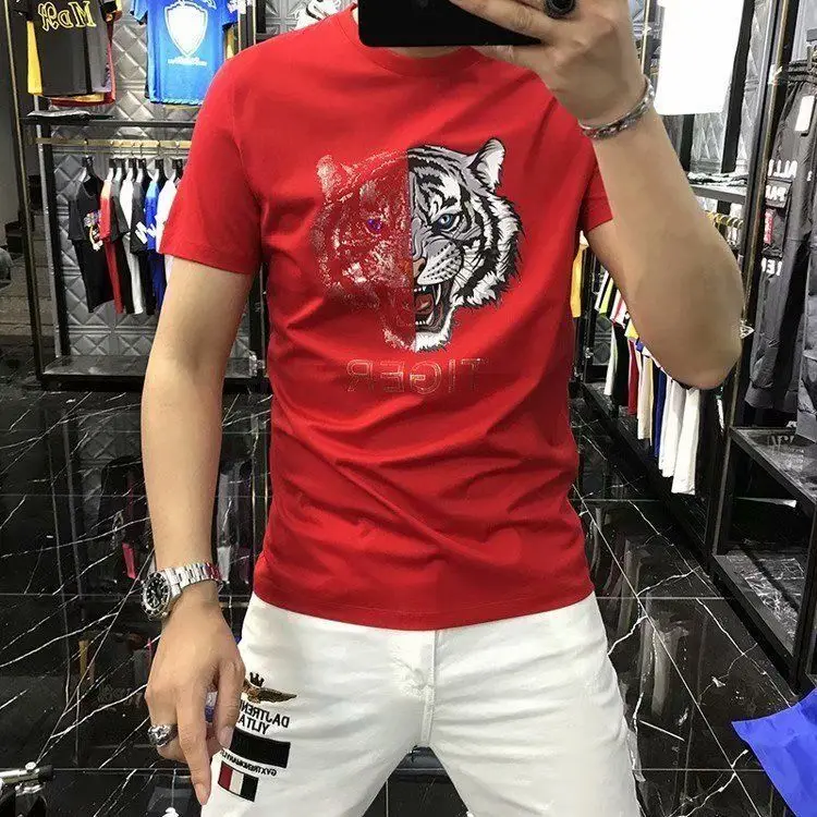 

Summer New Short Sleeve Tide Brand Tiger Pattern Hot Diamond Cotton T-shirt Casual Crewneck Slim T-shirt Top