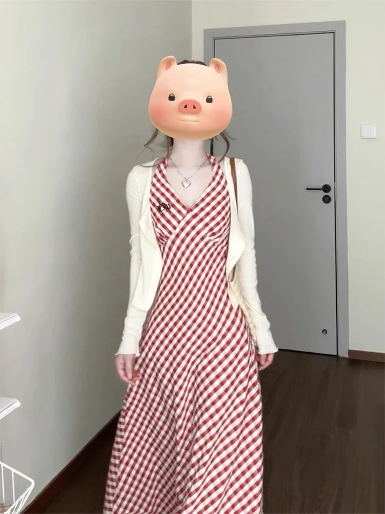 

Retro Red Plaid Strap Dr Women's Summer 2025 New Beach Vaion Long Skirt Set V-ne Long Sve Polyester Two-piece Suit