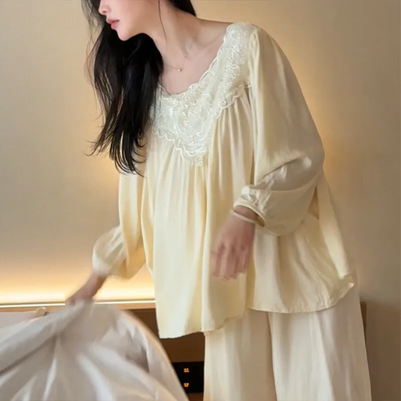

2026 Lace Hollow Pajamas Women's Long-sleeved Early Spring Comfortable Loungewear Set