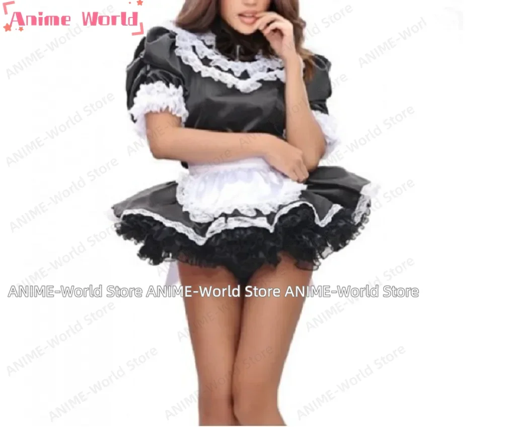 

《Нестандартный размер》Косплей запираемый черный атласный кружевной пушистый независимый фартук со средней шеей, готический костюм горничной на Хэллоуин