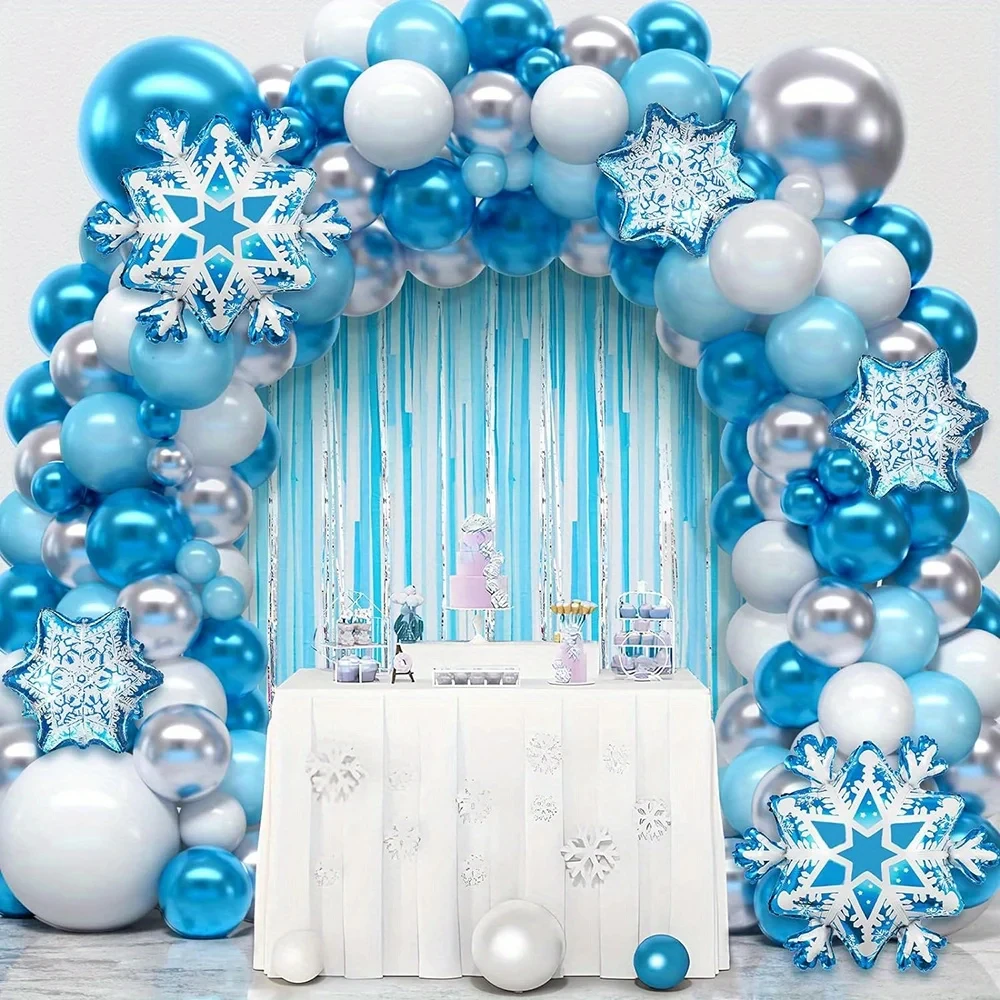 126 قطعة مجموعة إكليل بالون ندفة الثلج لحفلات أعياد الميلاد الشتوية وديكورات حفلات بلاد العجائب الشتوية الداخلية/الخارجية