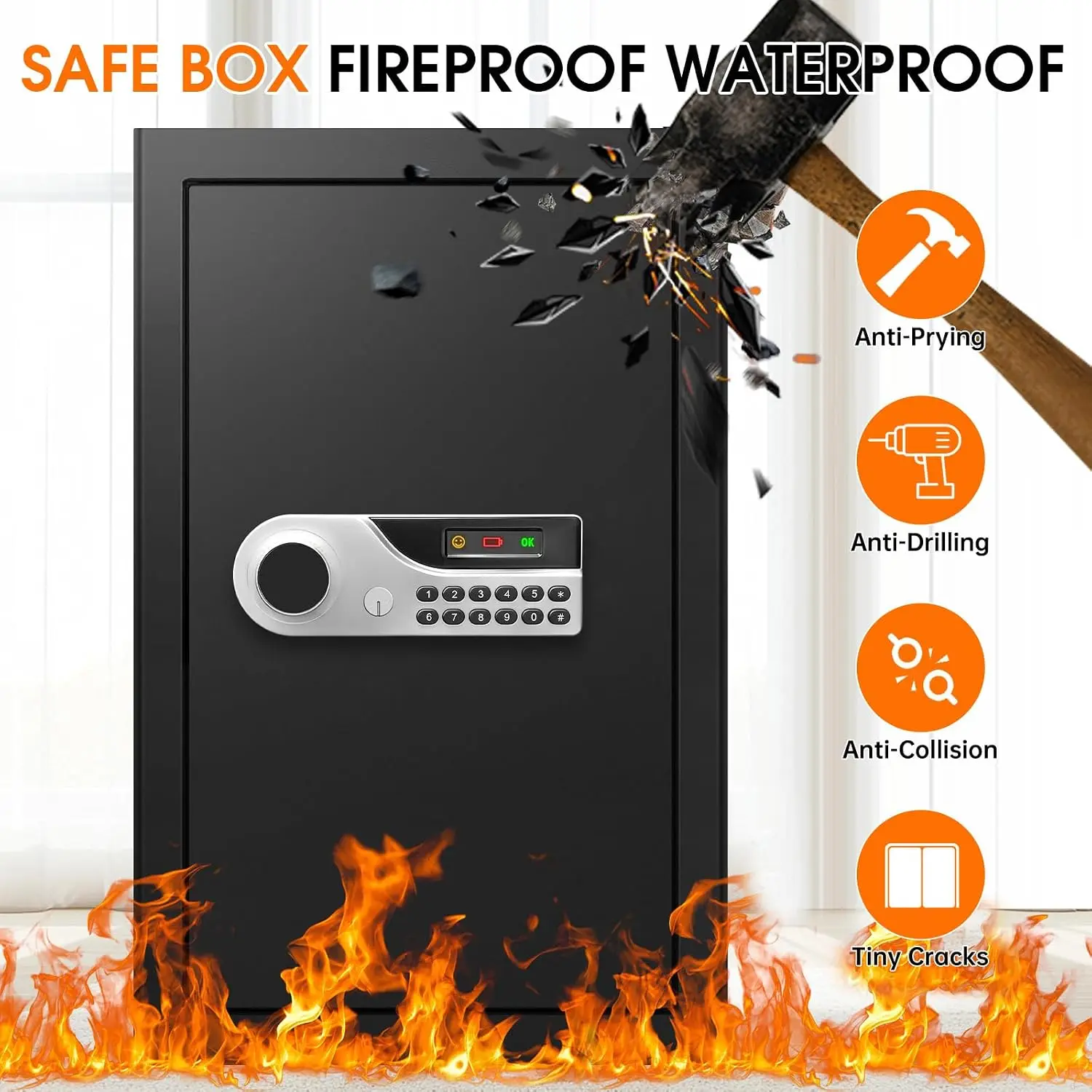 Large Fireproof Water Proof Safe Box Digital Keypad Key Removable Shelf Home Security For Money Documents Valuables