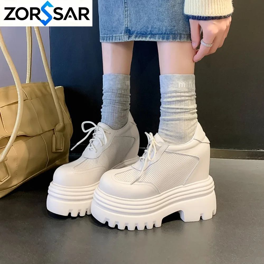 White Platform Women's Sneakers 2027 Spring Lace-Up Thick Bottom Vulcanize Shoes Woman Cow Leather Breathable Sports Shoe Ladies