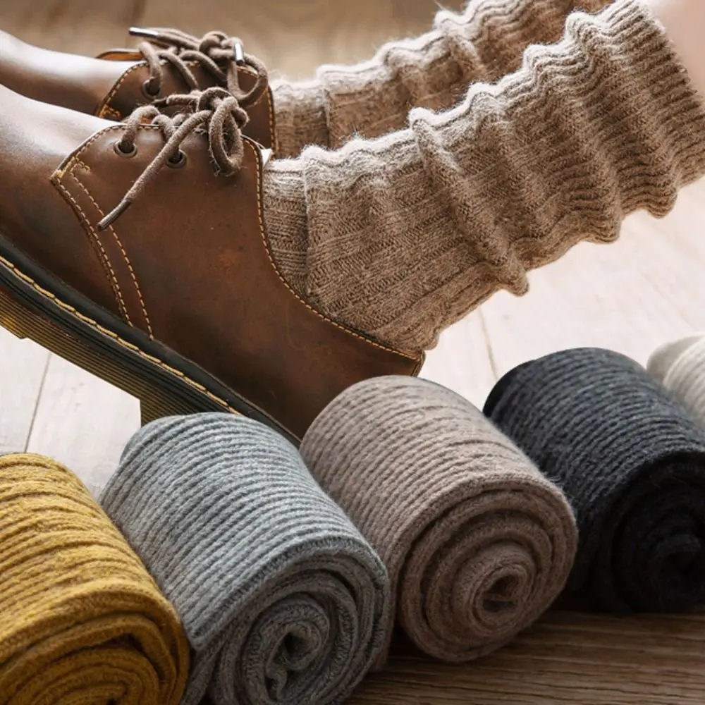 

Warm Soft Solid Color Simple Trendy Fashion Women Socks Korean Style Stripe Wool Socks Middle Tube Cotton Hosiery