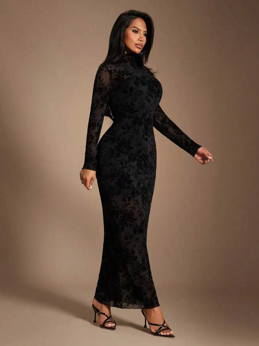 

Elegant Black Flocked Jacquard Mesh Long Sleeve High Neck Sheath Dress For Women