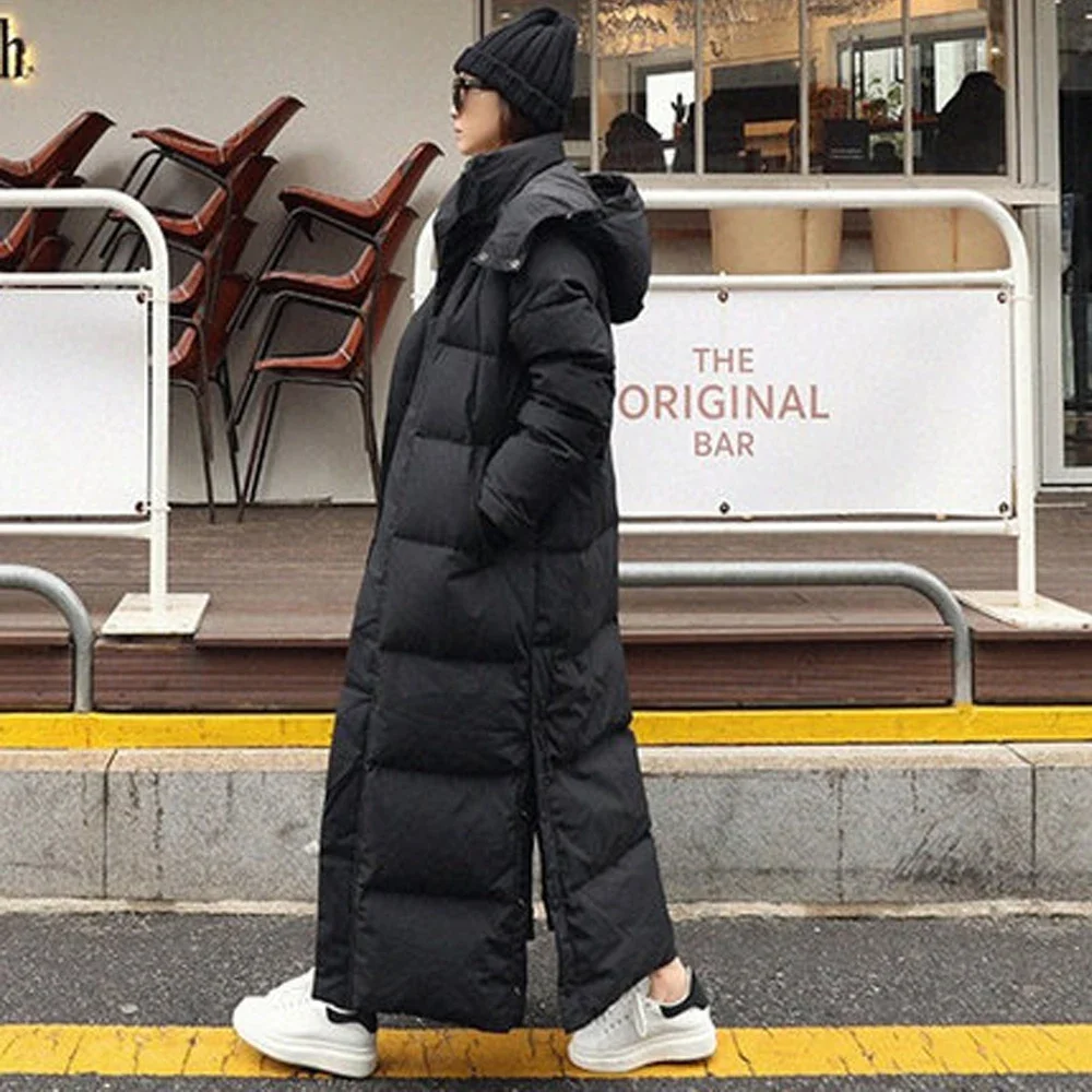 

Long Winter Jacket Parka Hem Extra Maxi X-Long Women Coat Casual Loose Overcoat Female Clothing Outerwear Cotton Down Hood Fluff