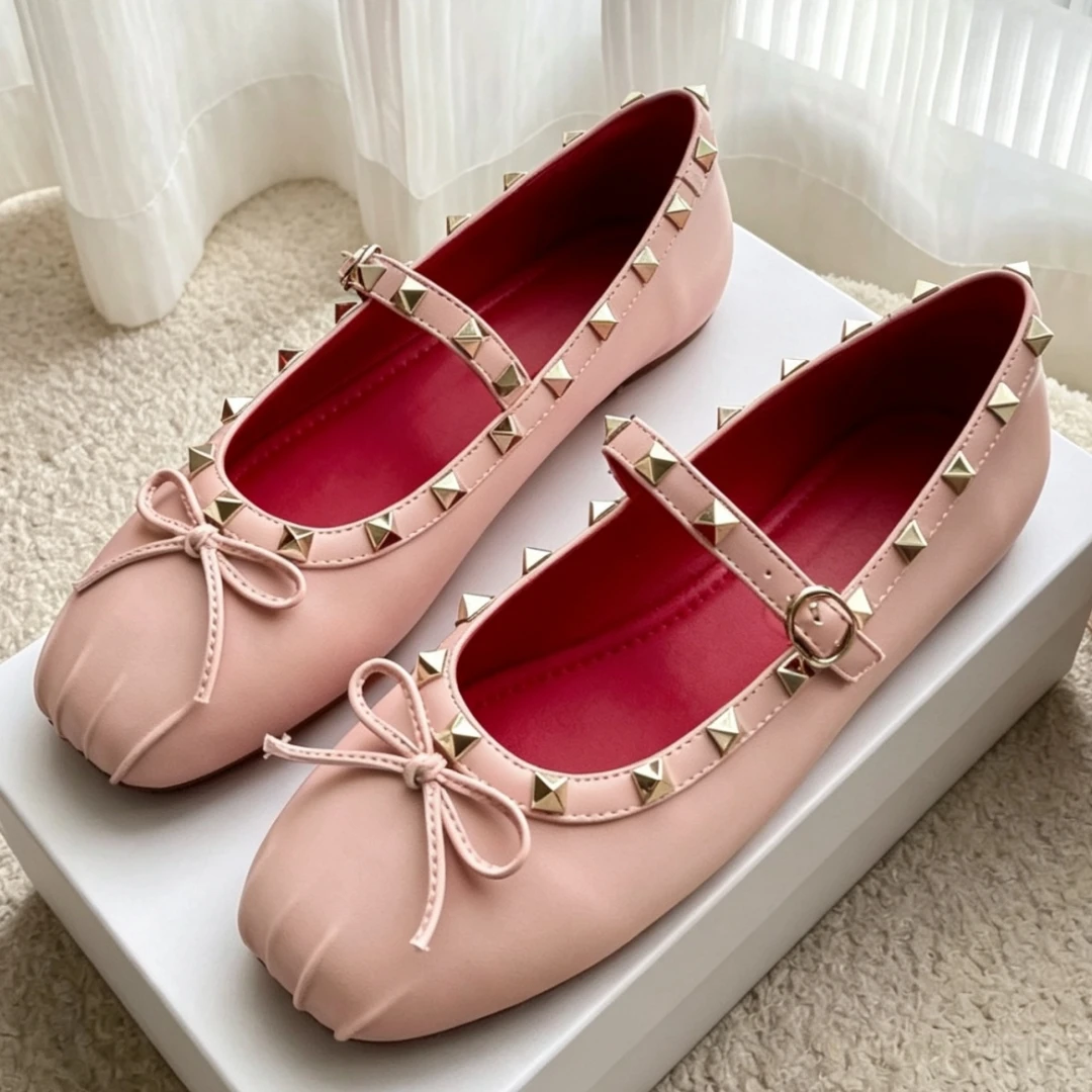 Luxury Brand Women's Shoes Handmade Mary Jane Ballet Flats Rivet Bow Buckle Strap Square Toe Ladies Strap Soft Leather Loafers