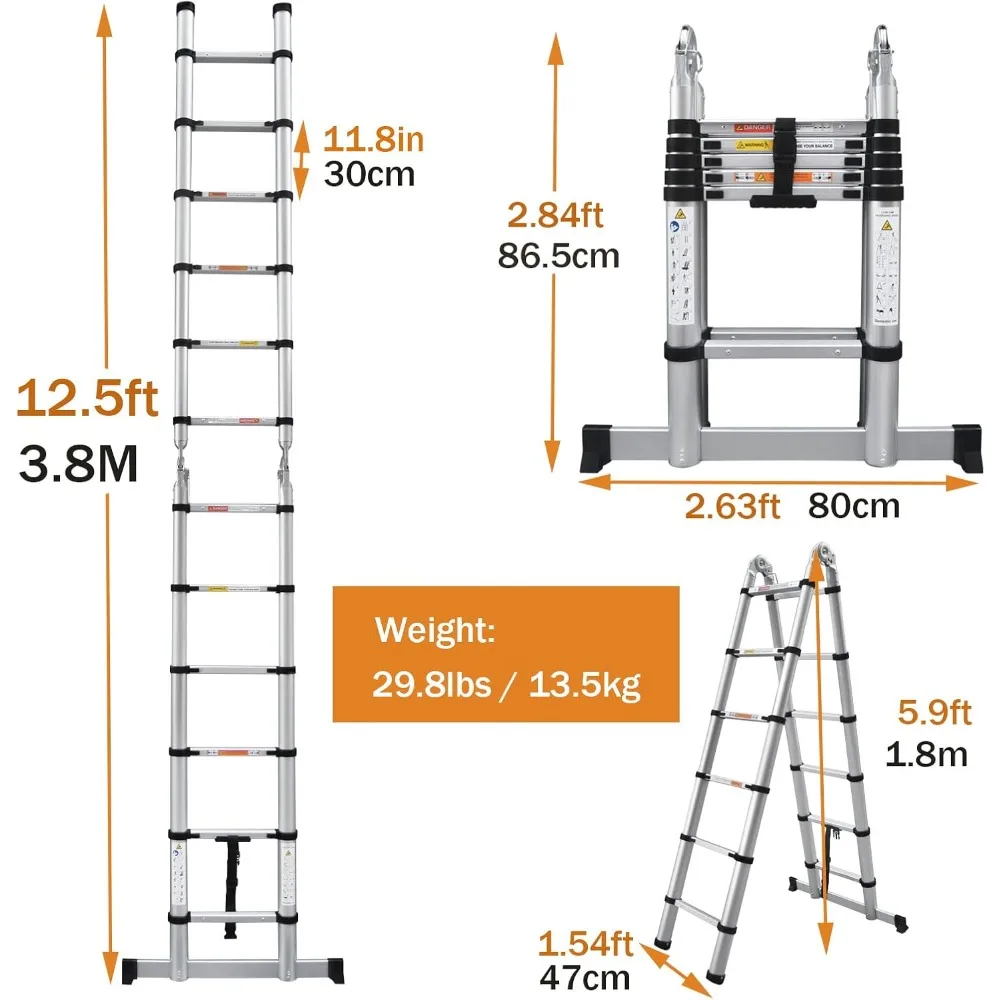 Scala pieghevole in alluminio con telaio ad A 12,5 piedi Scala portatile pieghevole multiuso per carichi pesanti da 6,2 piedi per esterni e interni