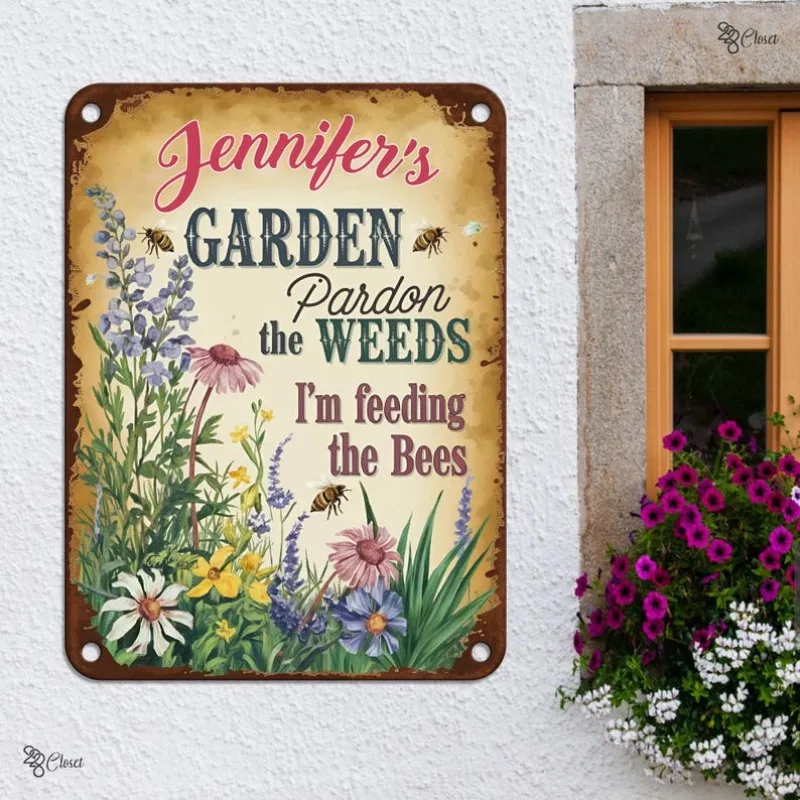 Placa de Metal Personalizada com Flores Silvestres e Polinizadores - Placa Divertida para Jardim das Abelhas