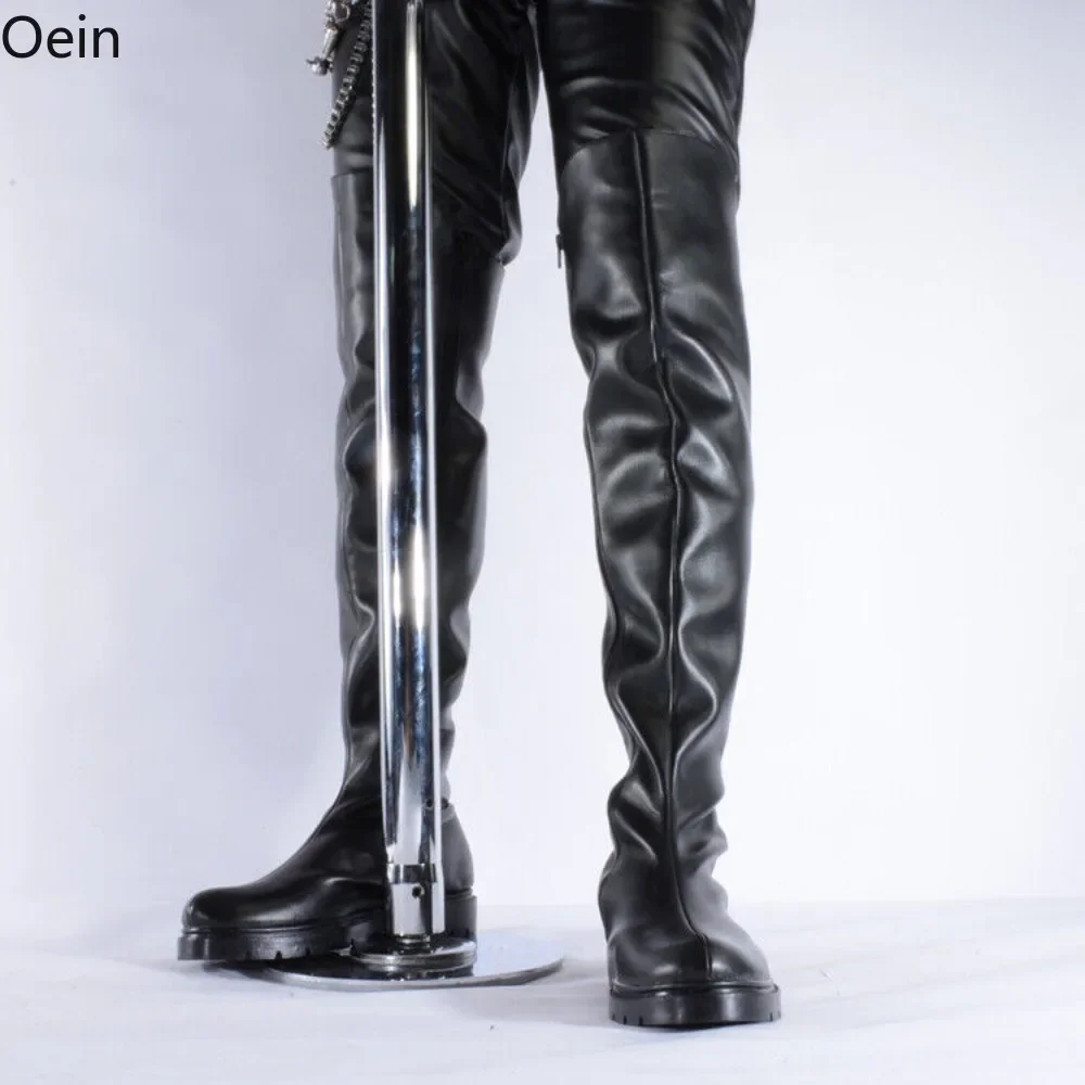 Men\'s Leather Over Knee Riding Boots Zipper Side Round Toe Nightclub Dance Shoes