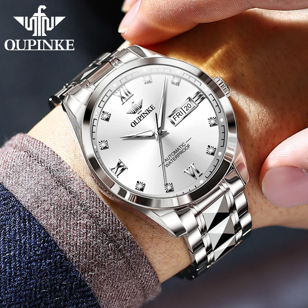 OUPINKE montres pour hommes décontracté mode acier tungstène Original automatique montre mécanique pour homme étanche lumineux Date semaine